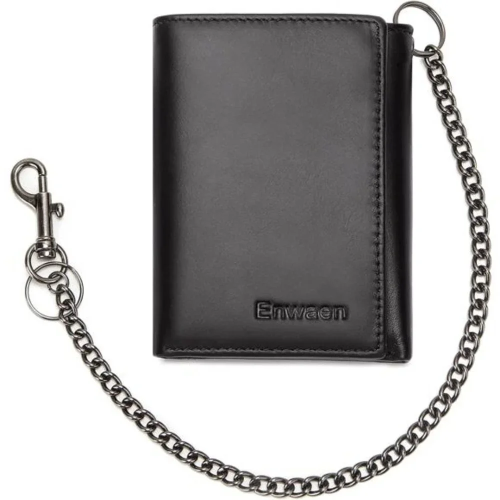 Mens Wallet with Chain Genuine Leather Trifold Wallet RFID Blocking Anti-Theft